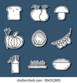 Set of modern stickers in hand drawn style on vegan food theme: fruit, vegetable, mushroom, soy, bean, oil, nut, bread, rice. Raw healthy food or vegan concept. Great for vegan site, app, organic