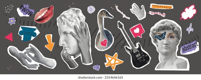 Set of modern stickers. Retro style. Poster with hands. David and collage Psychedelic background. Multicolored geometric elements. . set of doodle collage elements. Pictures for social networks