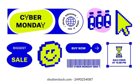 Set of Modern stickers Y2k for Cyber Monday, sale. Brutalist style 4 marketing. Pixel design. Retro trendy elements for advertising. Blue, neon green and funky typography. retro vibe. Cyber aesthetic 