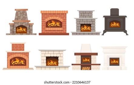 Set of modern stone fireplace with hot flame vector illustration isolated on white background