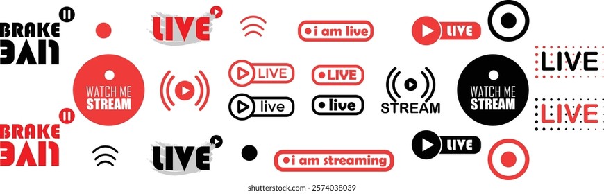 A set of modern streaming and live broadcast icons with play buttons, live labels, and broadcast symbols in red, black, and white. Ideal for digital media, streaming platforms, and content creators