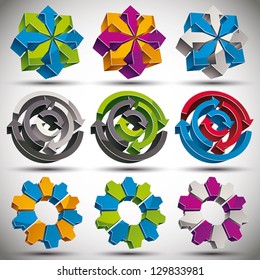 Set of modern style 3d abstract icons with arrows and gears, vector.