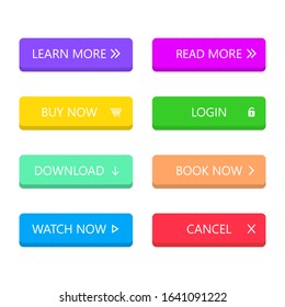 Set of modern style buttons in flat style for mobile app, web, banner, game. Multicolored buttons on isolated background. Navigation menu for login, learn, read, download, buy, watch, cancel. Vector.