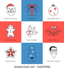 Set of modern style Christmas flat line icons compositions. Vector illustration.