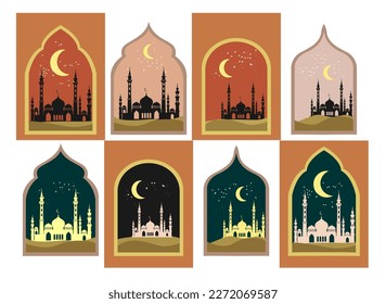 Set of modern style Eid Mubarak or Ramadan kareem greeting cards with flat design, moon, mosque dome and stars