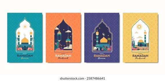Set of modern style Islamic windows and arches with modern boho design, mosque dome and lanterns. vector illustration