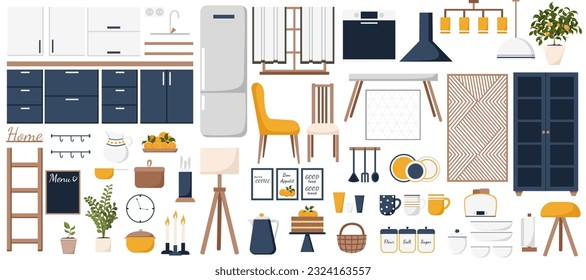 Set of modern style kitchen elements in navy blue, orange and white tones. Interior and furniture collection. Scandinavian design. Vector cartoon flat illustration