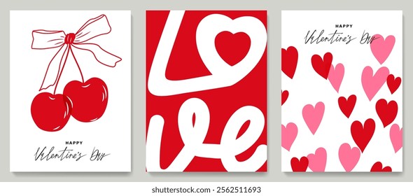 Set of modern style posters for Valentine's Day with a pattern of heart, cherry and inscription, for designing cards, print, poster, social media.