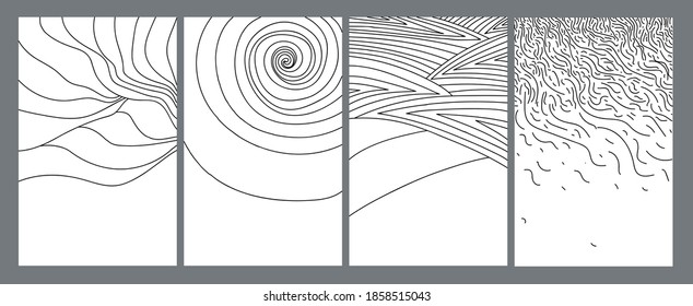 Set of Modern stylish backgrounds with abstract hand drawing doodles, resembling weather Natural phenomena, farm field, dunes and waves, swirl.