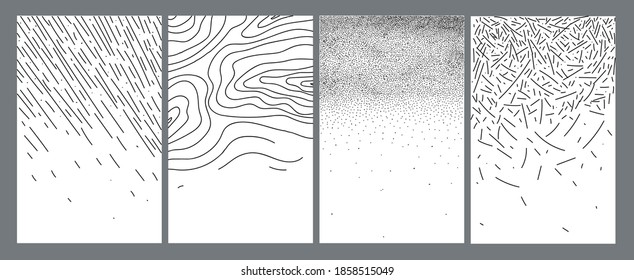 Set of Modern stylish backgrounds with abstract hand drawing doodles, resembling weather Natural phenomena, rain, waves, puddles, fog.