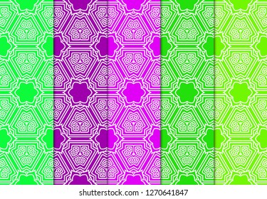 Set of Modern Stylish Geometry Seamless Pattern Art Deco Background. Luxury Texture For Wallpaper, Invitation. Vector Illustration And Handmade Symbol. Green, purple color.