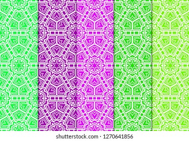 Set of Modern Stylish Geometry Seamless Pattern Art Deco Background. Luxury Texture For Wallpaper, Invitation. Vector Illustration And Handmade Symbol. Green, purple color.