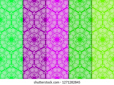 Set of Modern Stylish Geometry Seamless Pattern Art Deco Background. Luxury Texture For Wallpaper, Invitation. Vector Illustration And Handmade Symbol. Green, purple color.