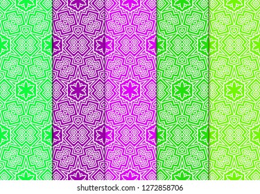 Set of Modern Stylish Geometry Seamless Pattern Art Deco Background. Luxury Texture For Wallpaper, Invitation. Vector Illustration And Handmade Symbol. Green, purple color.