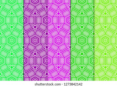 Set of Modern Stylish Geometry Seamless Pattern Art Deco Background. Luxury Texture For Wallpaper, Invitation. Vector Illustration And Handmade Symbol. Green, purple color.