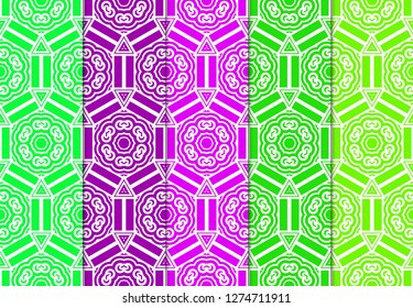 Set of Modern Stylish Geometry Seamless Pattern Art Deco Background. Luxury Texture For Wallpaper, Invitation. Vector Illustration And Handmade Symbol. Green, purple color.