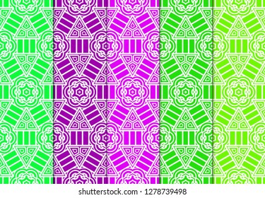 Set of Modern Stylish Geometry Seamless Pattern Art Deco Background. Luxury Texture For Wallpaper, Invitation. Vector Illustration And Handmade Symbol. Green, purple color.