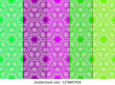 Set of Modern Stylish Geometry Seamless Pattern Art Deco Background. Luxury Texture For Wallpaper, Invitation. Vector Illustration And Handmade Symbol. Green, purple color.