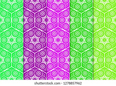 Set of Modern Stylish Geometry Seamless Pattern Art Deco Background. Luxury Texture For Wallpaper, Invitation. Vector Illustration And Handmade Symbol. Green, purple color.
