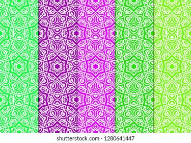 Set of Modern Stylish Geometry Seamless Pattern Art Deco Background. Luxury Texture For Wallpaper, Invitation. Vector Illustration And Handmade Symbol. Green, purple color.