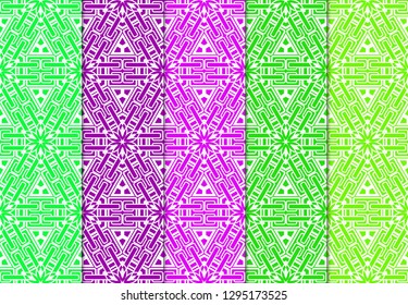 Set of Modern Stylish Geometry Seamless Pattern Art Deco Background. Luxury Texture For Wallpaper, Invitation. Vector Illustration And Handmade Symbol. Green, purple color.