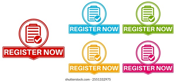 set modern stylish Register Now icon. registration Announcement Label sticker design vector illustration
