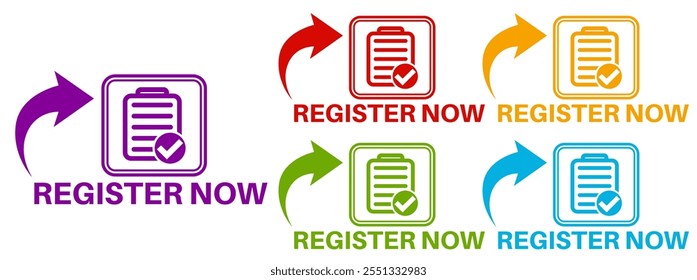 set modern stylish Register Now icon. registration Announcement Label sticker design vector illustration