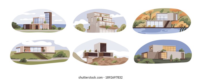 Set of modern suburban houses with terraces and panoramic windows. Exteriors of villas, maisons and cottages of contemporary architecture style. Flat vector illustration isolated on white background