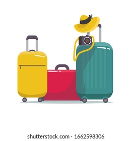 Set of modern suitcase with on wheels for traveling and business trips with camera. Vector. with leaves. isolated on white.