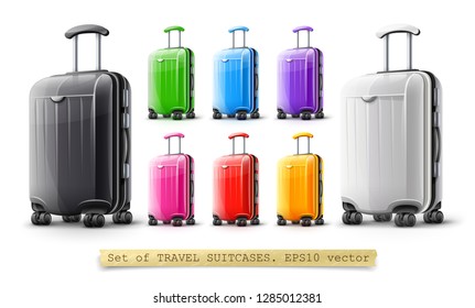 Set of modern suitcases for travel, case icons isolated on white transparent background. EPS10 vector illustration.