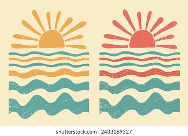 set of modern, summer collage in retro style. sun, waves, beach, abstract illustration in a minimalist hand drawn style. for print, banner, postcard, card. art vector background.