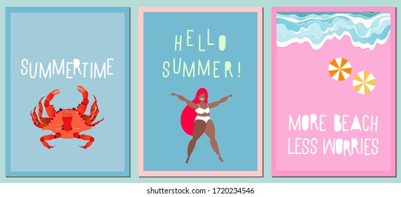 Set of modern summer greeting cards. Variety of hand-drawn vector cards, posters. Modern handwritten quotes about summer. Vacation and travel concept. Waves on the sea shore, red crab and happy girl.