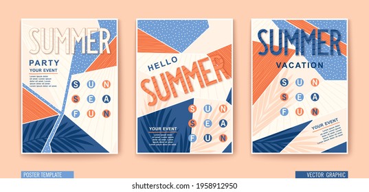 Set of modern Summer posters. Seasonal holiday, vacation, party and fun. Vector banners