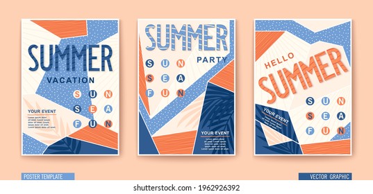 Set of modern Summer posters. Seasonal holiday, vacation, party and fun. Vector banners