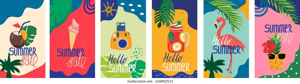 Set Of Modern Summer Sale Story Template Designs With Coconut, Flamingo, Pineapple, Ice Cream And Camera, Cocktail. Background For Posters, Cover Art, Flyer, Banner.