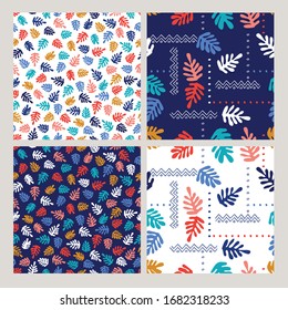 Set of modern summer seamless patterns with silhouettes of tropical leaves and geometrical ornaments for textile, fabric manufacturing, wallpaper, covers, surface, print, gift wrap, scrapbooking.