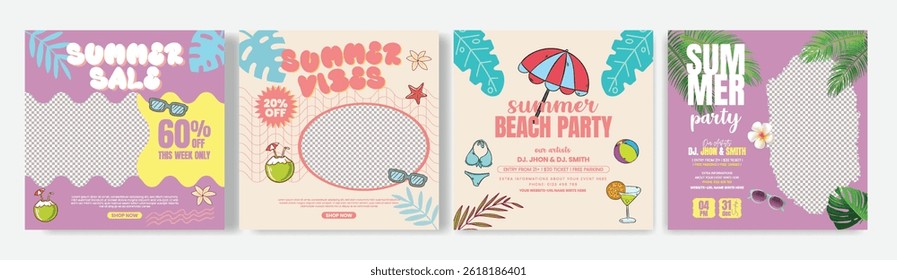 Set of Modern summer tropical background Layout for summer Promotional social media post, banner, ad design bundle. summer party social media flyer or poster pack with editable text