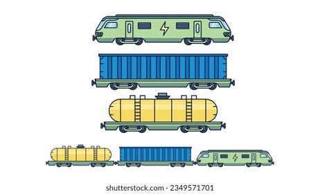 Set of modern and sustainable freight train. Future transport logistics vector illustration