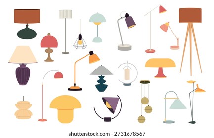 Conjunto de lámparas de mesa y de pie modernas en estilo Vector plano. Elementos de iluminación interior de moda aislados sobre fondo blanco, perfectos para proyectos de decoración del hogar, diseño de interiores y muebles.