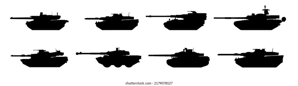 Set of modern tank silhouettes. Black military battle machine vectors icon on white background, army war transport.