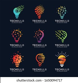 Set of Modern Tech Bulb logo designs concept, Pixel Technology Bulb Idea logo template