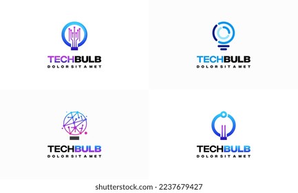 Set of Modern Tech Bulb logo designs concept, Pixel Technology Bulb Idea logo template
