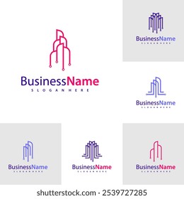Set Modern Tech City Logo Design Vektorgrafik, Creative Tech Modern Building Logo Konzepte