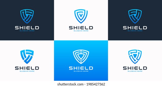 Set of modern tech with shield logo design template. Abstract icon security symbol for digital, internet and cyberspace.