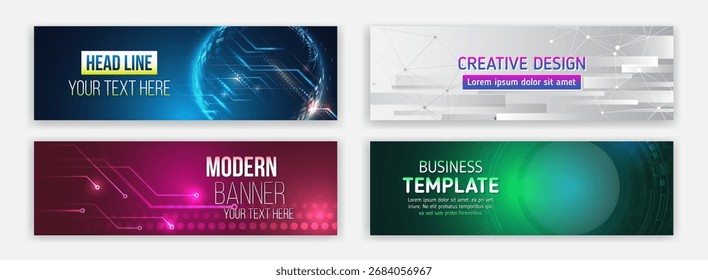 Set of modern technology banners with abstract geometric, digital, and futuristic designs in blue, green, gray, and pink tones. Perfect for business, web, and creative presentations.