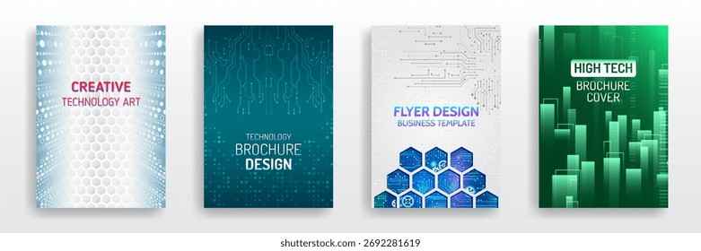 Set of modern technology brochure covers. Futuristic flyer templates with hexagons, circuits, and digital backgrounds in blue, green, and white colors for business or tech design.