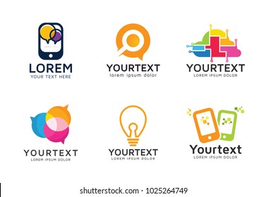 Set von modernen Technologie-Logos. Sammlung von Logos für Kommunikation, Technologie und Kreativität. Symbole oder Symbole des Geräts und sozialer Medien, Netzwerke, Ideen, Kreativität - Vorlage für das Logo der Vektorillustration