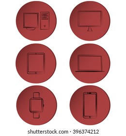 Set of modern technology outline icons on red buttons, ribbons, or circles isolated on white background
