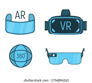 Conjunto de gafas inteligentes de tecnología moderna, hardware virtual y realidad aumentada aislado en ilustración vectorial plana y blanca. Aparato de comunicación remota para dispositivos futuros, innovación de visores electrónicos.