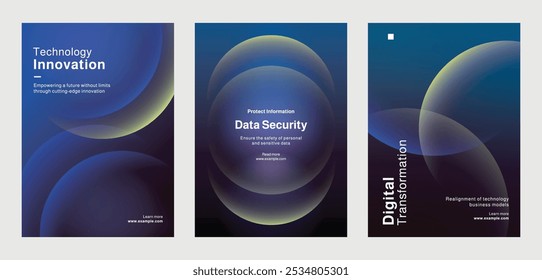 Set of modern technology-themed posters, showcasing digital data analytics, and innovation. Set of poster templates in blue with digital technology and data security. Poster template vector  set.